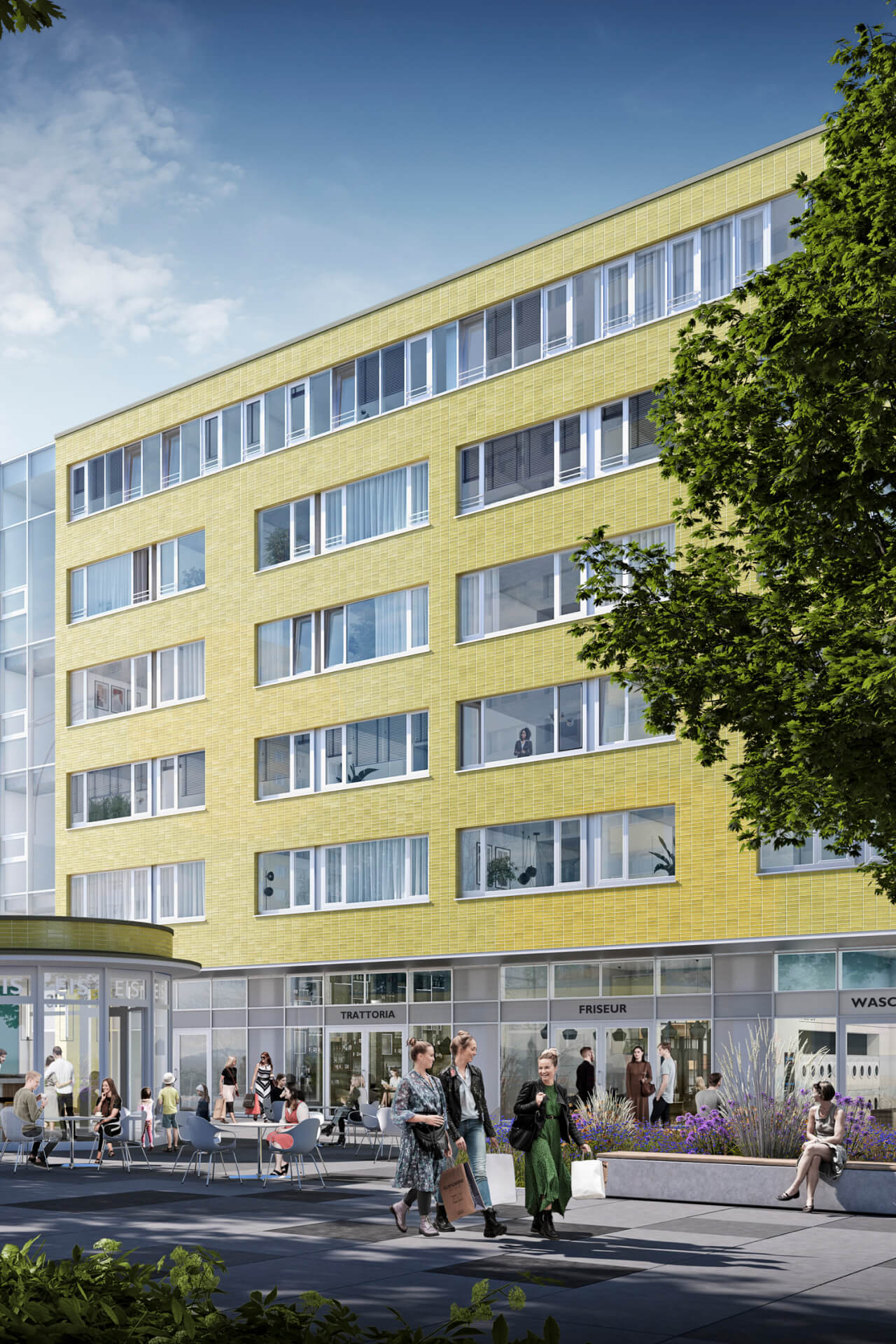Ein Architekturrendering mit munteren Personen vor dem "Holzmarkt 66"-Gebäudekomplex mit der ikonischen, gelben Fassade